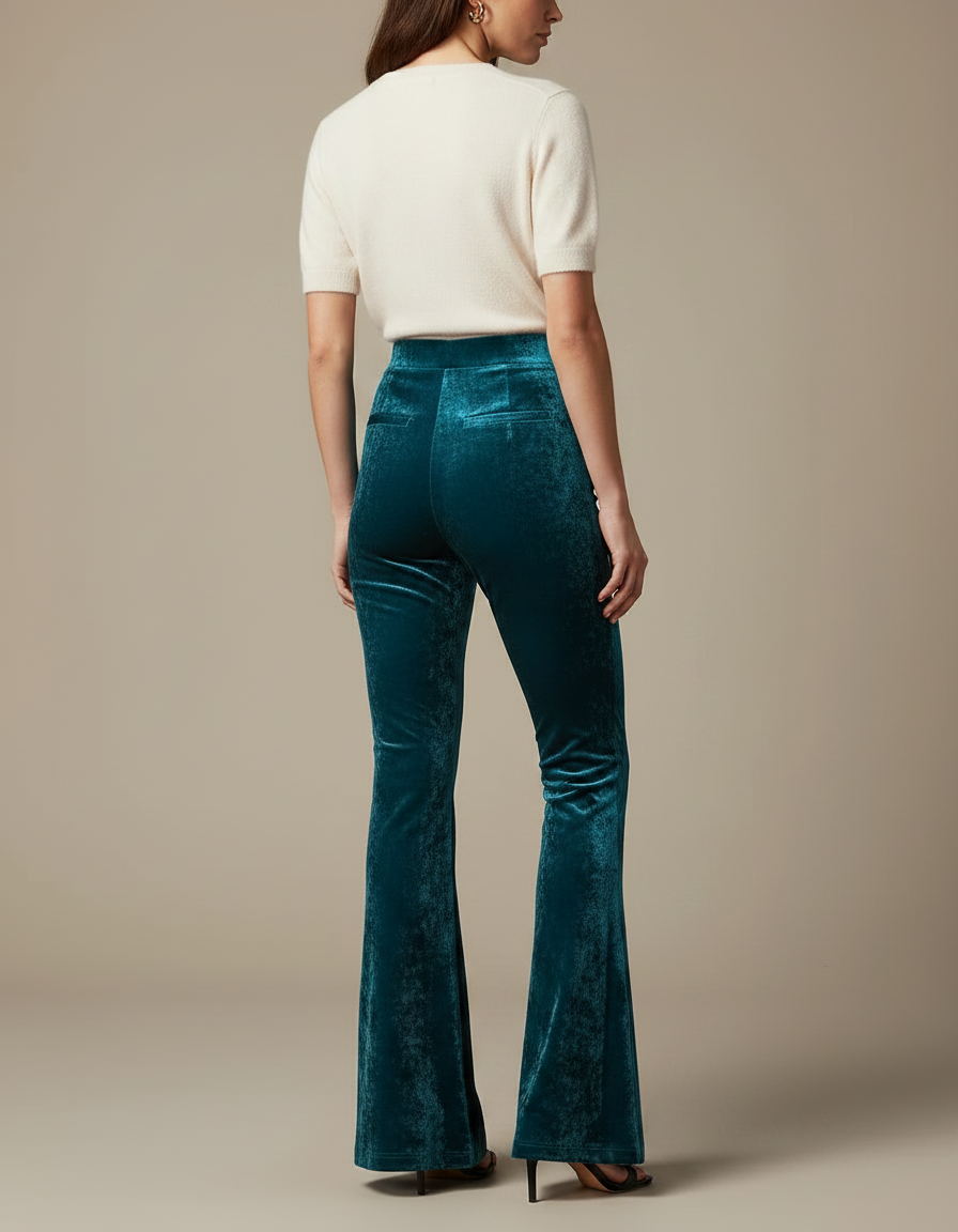 Pantalon Velours Évasé Vert Canard Taille Haute - vue 2