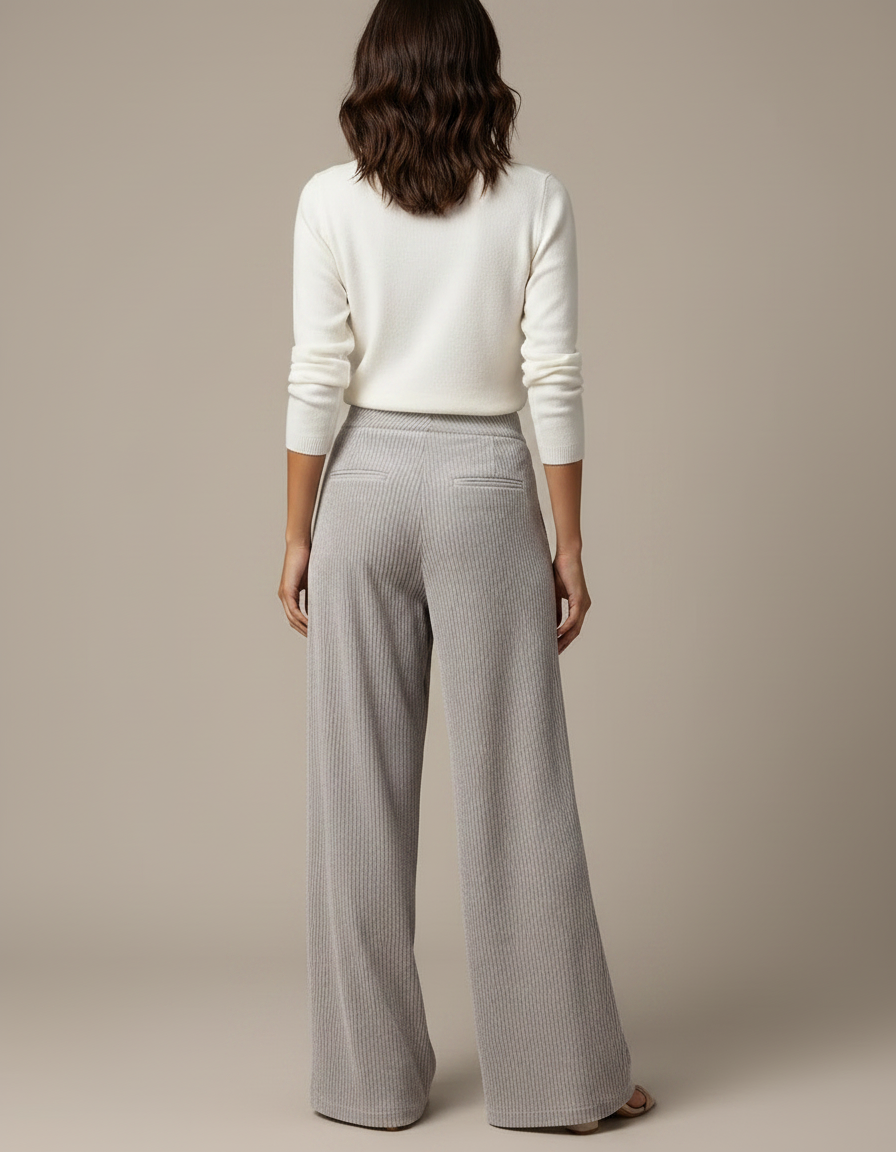 Pantalon Velours Côtelé Gris Ample Taille Haute - Cordé - vue 2