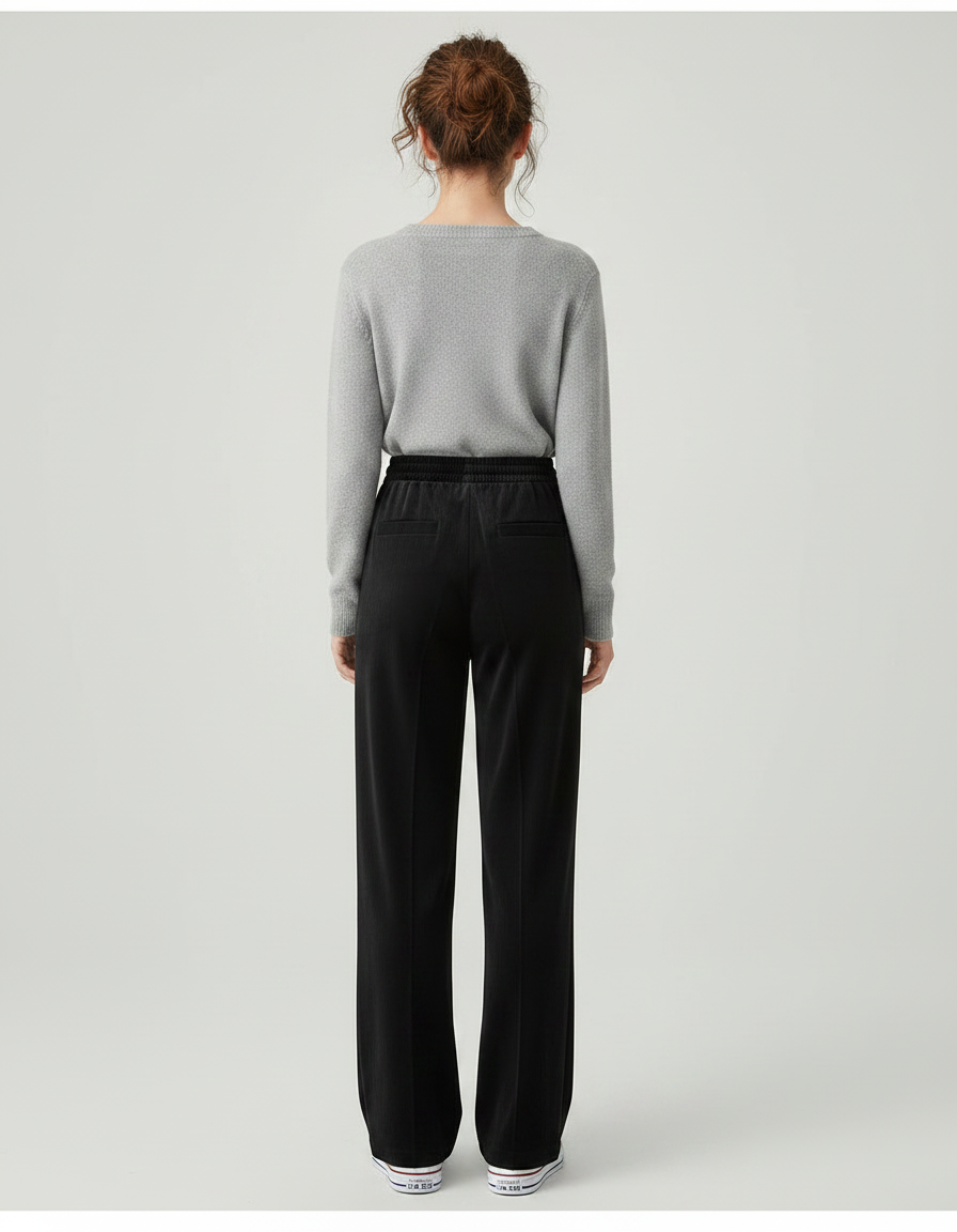 Pantalon Velours Noir Ample Taille Haute Décontracté Femme - vue 2