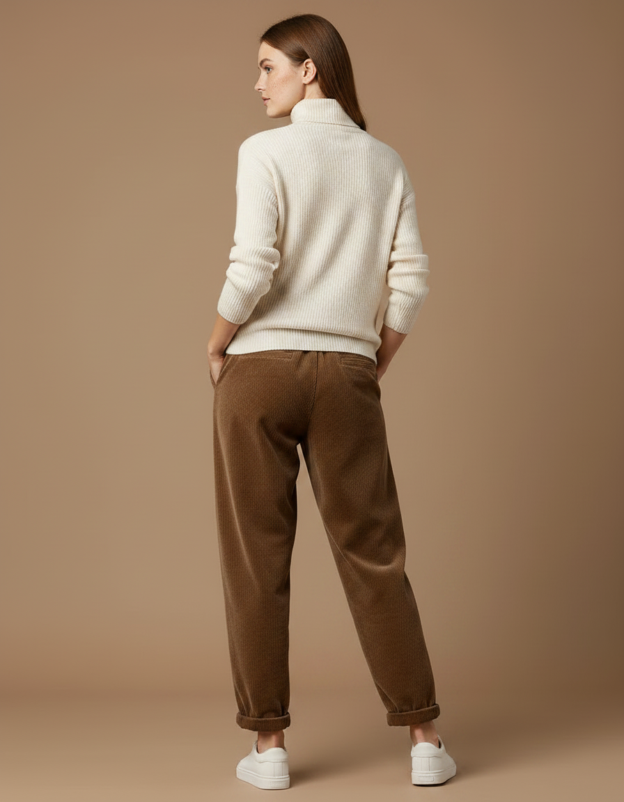 Pantalon Velours Marron Côtelé Ample Élastiqué Décontracté Femme - Cordé - vue 2