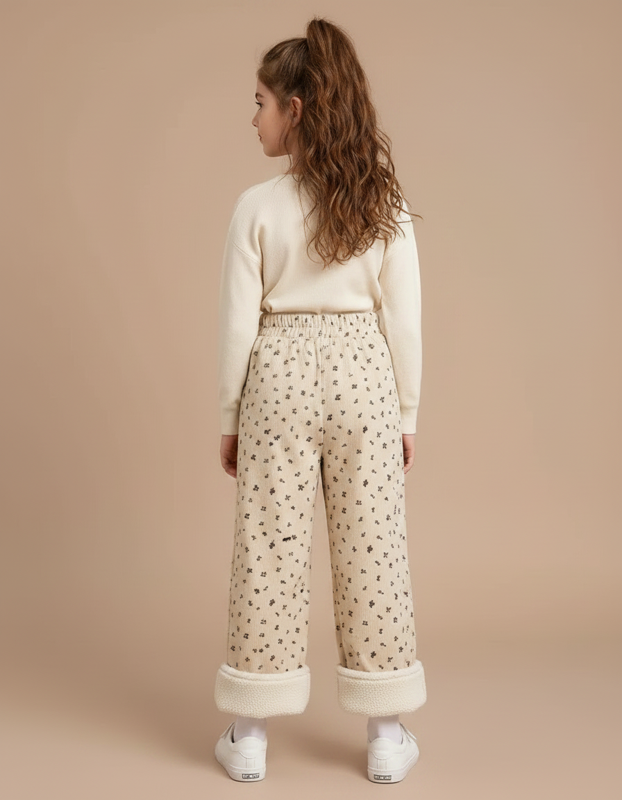 Pantalon Velours Beige Côtelé Ample Imprimé Floral Doublé - vue 2
