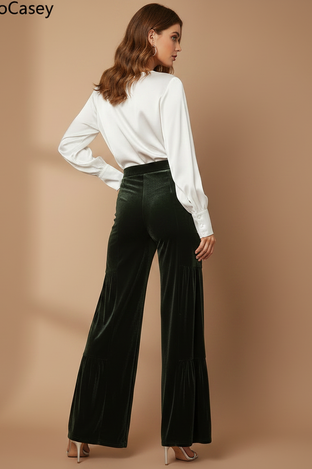 Pantalon Velours Vert Émeraude Large Élégant Femme Fluide - vue 2