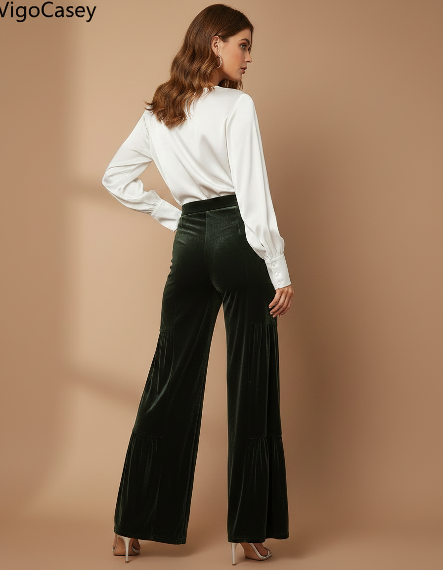 Pantalon Velours Vert Émeraude Large Élégant Femme Fluide - vue 2