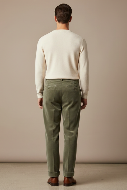 Pantalon Velours Homme Droit Plissé Vert Élégant - Kaki - vue 2