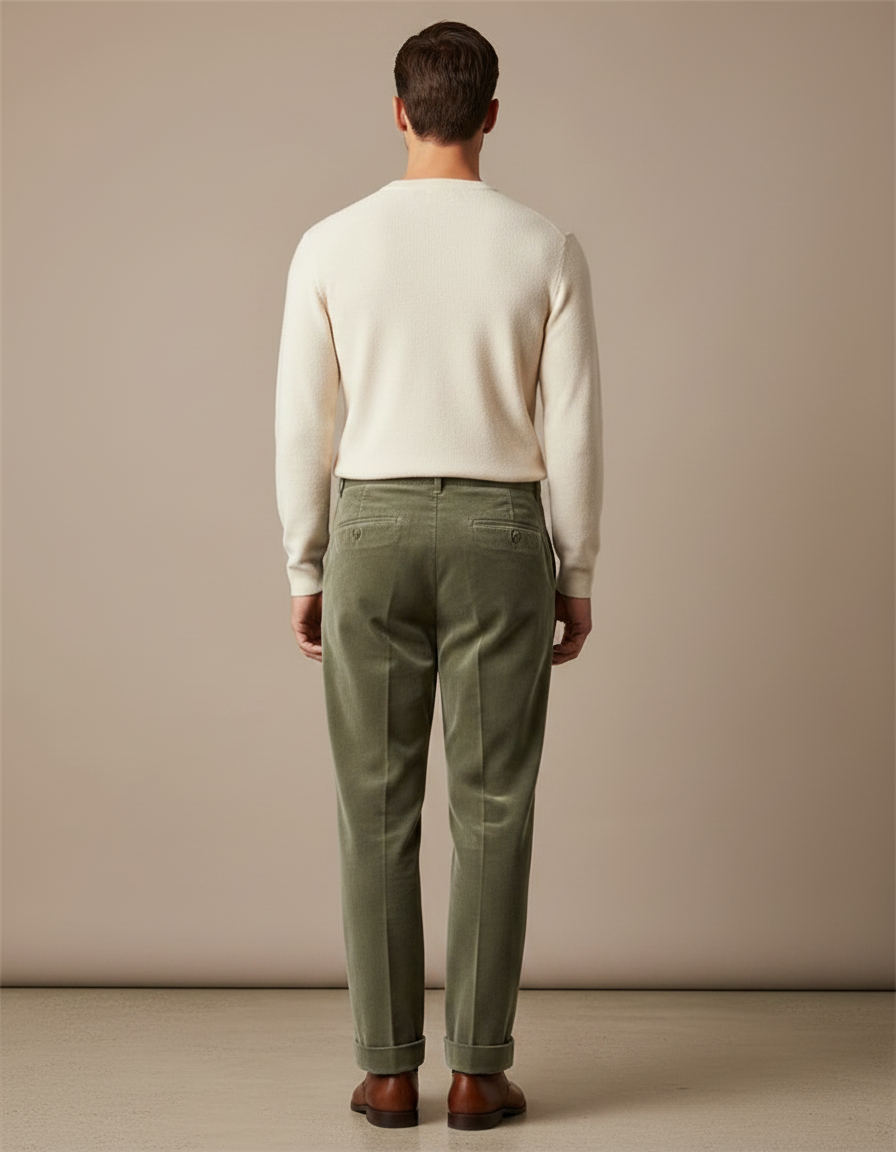 Pantalon Velours Homme Droit Plissé Vert Élégant - Kaki - vue 2