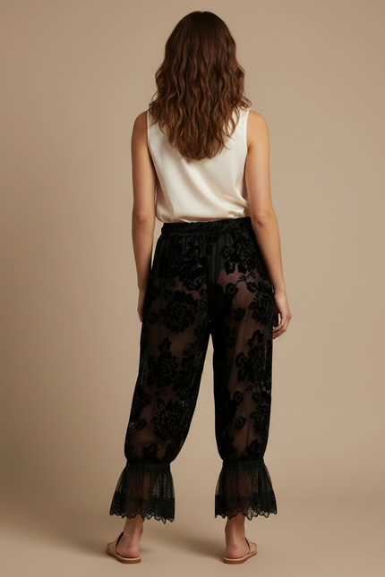 Pantalon Velours Noir Floral Transparent Dentelle Évasé - vue 2