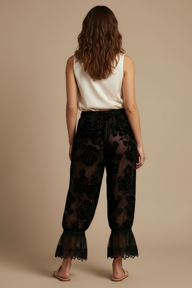Pantalon Velours Noir Floral Transparent Dentelle Évasé - vue 2