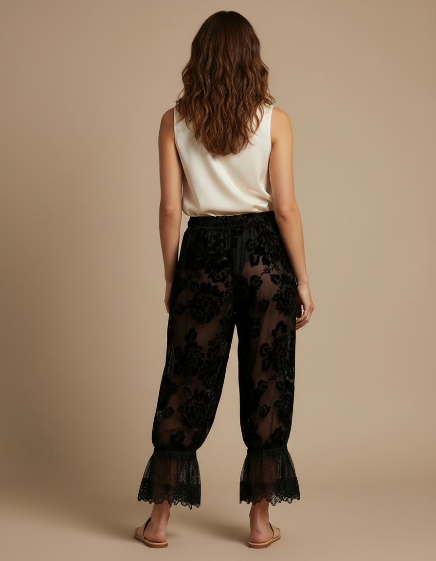Pantalon Velours Noir Floral Transparent Dentelle Évasé - vue 2