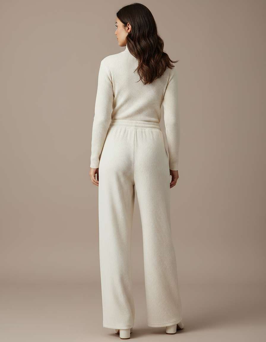 Pantalon Velours Côtelé Large Écru Décontracté Femme - Beige Maille - vue 2