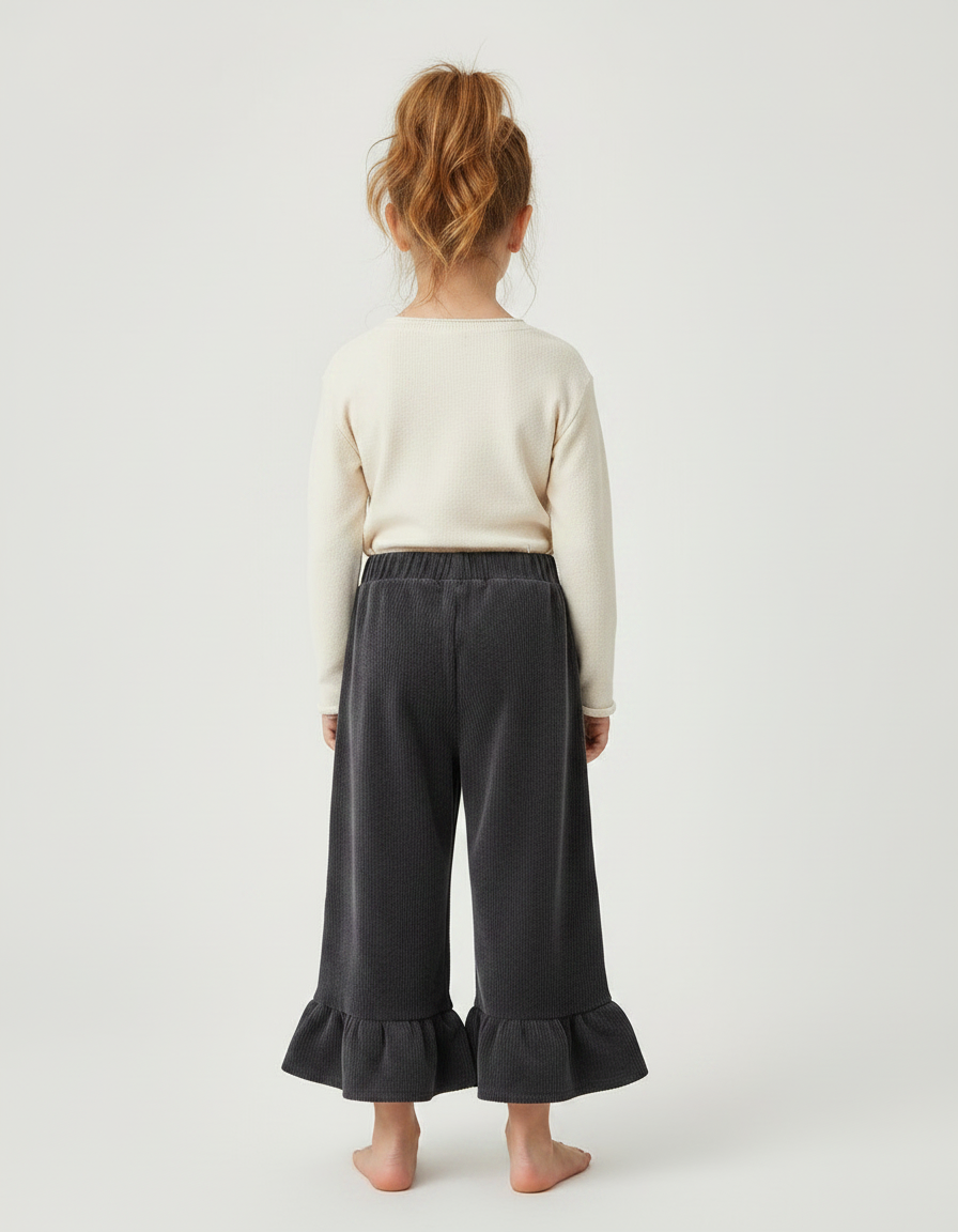 Pantalon Velours Côtelé Ample Volants Fille - Gris Cordé - vue 2