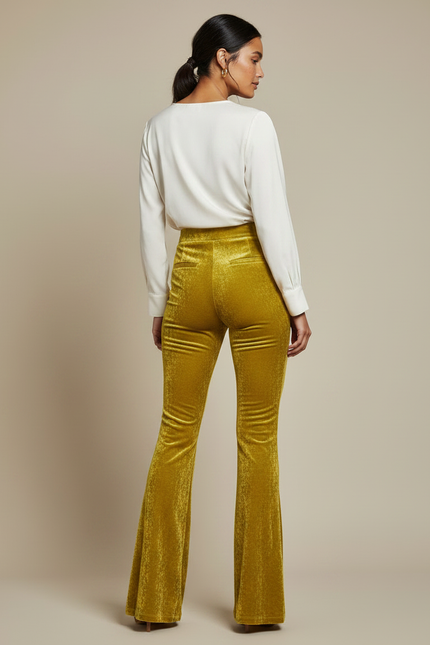Pantalon Velours Évasé Taille Haute Or Femme - Doré - vue 2