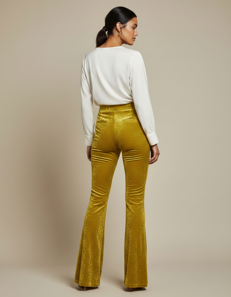 Pantalon Velours Évasé Taille Haute Or Femme - Doré - vue 2