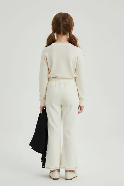 Pantalon Velours Écru Côtelé Évasé Boutons Fille - Beige Cordé - vue 2