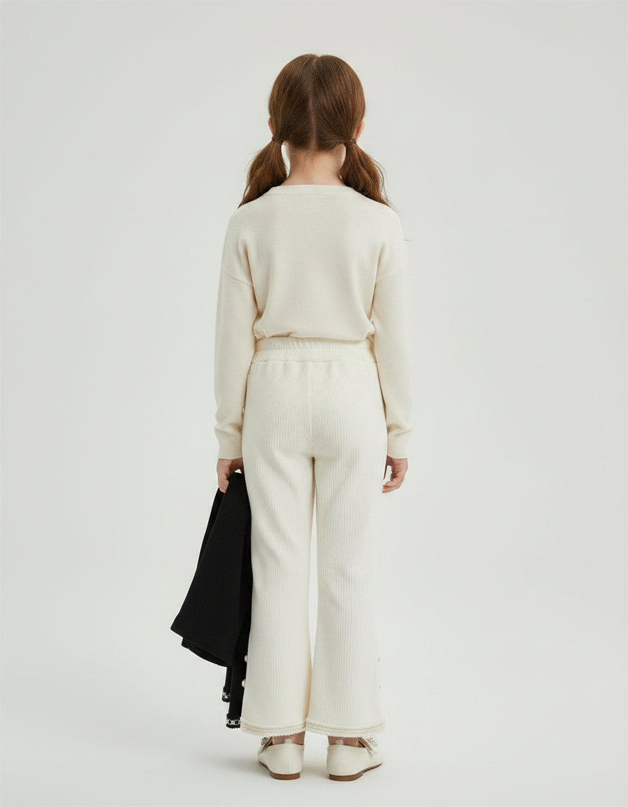 Pantalon Velours Écru Côtelé Évasé Boutons Fille - Beige Cordé - vue 2