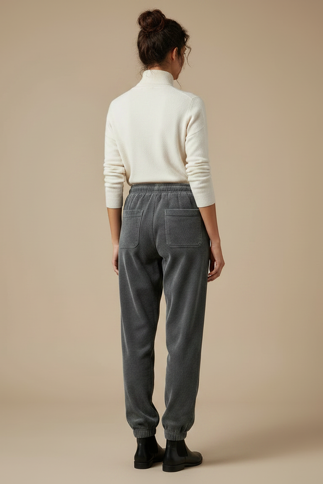 Pantalon Velours Côtelé Gris Décontracté Ample Brodé - Cordé - vue 2