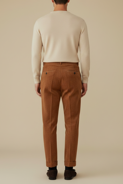 Pantalon Velours Côtelé Marron Plissé Homme Élégant - Cordé - vue 2