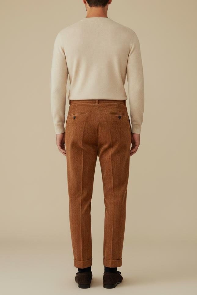 Pantalon Velours Côtelé Marron Plissé Homme Élégant - Cordé - vue 2