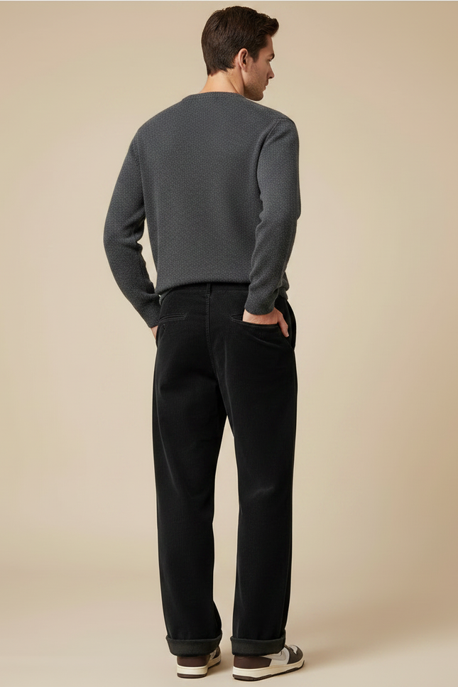 Pantalon Velours Noir Côtelé Ample Droit Décontracté Homme - Cordé - vue 2