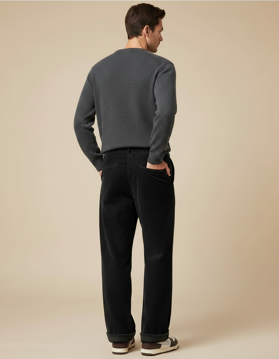 Pantalon Velours Noir Côtelé Ample Droit Décontracté Homme - Cordé - vue 2
