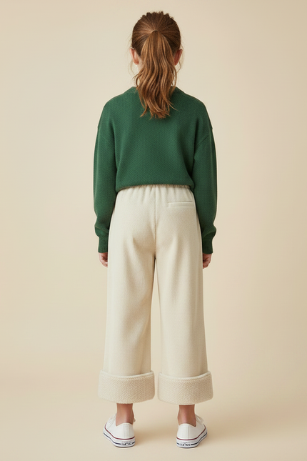 Pantalon Velours Écru Ample Côtelé Doublé Fille - Beige - vue 2