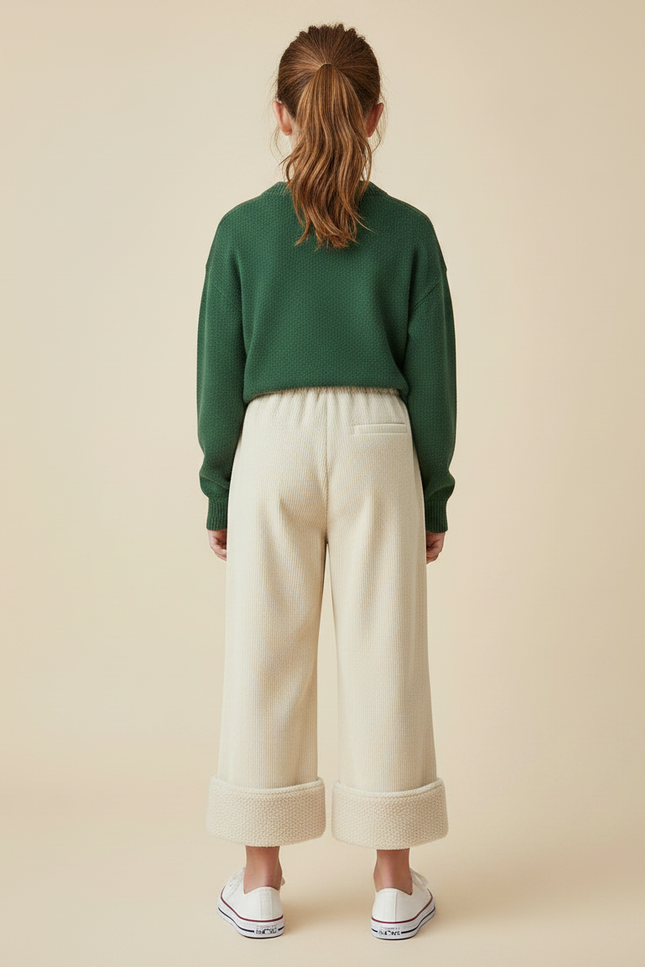 Pantalon Velours Écru Ample Côtelé Doublé Fille - Beige - vue 2