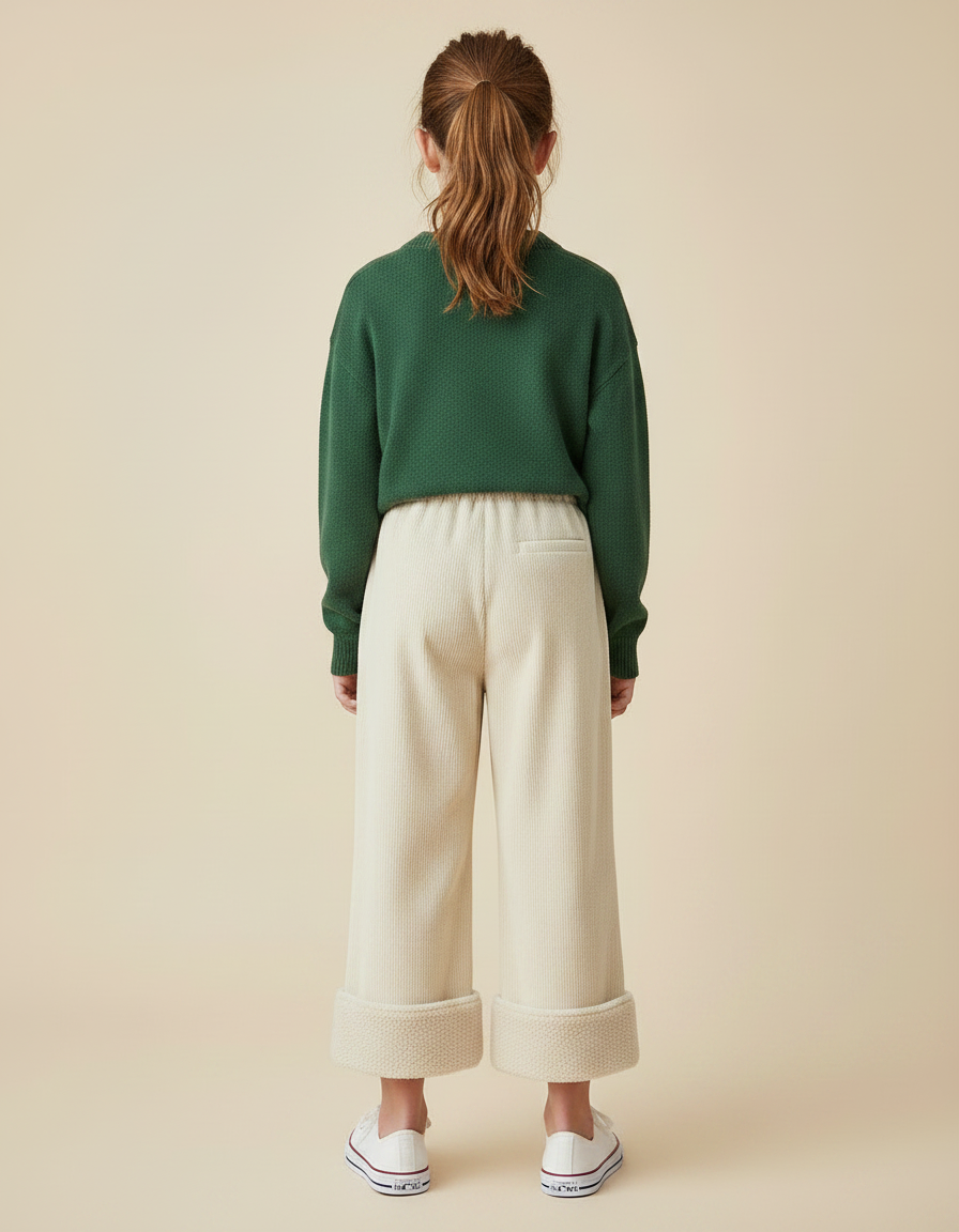 Pantalon Velours Écru Ample Côtelé Doublé Fille - Beige - vue 2