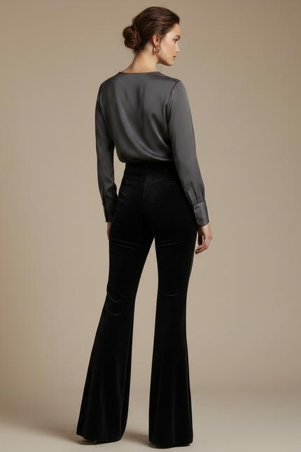 Pantalon Velours Noir Évasé Élégant Femme - vue 2