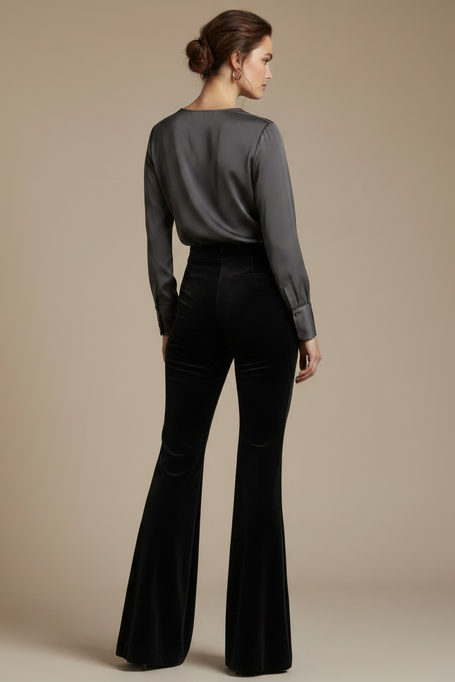 Pantalon Velours Noir Évasé Élégant Femme - vue 2