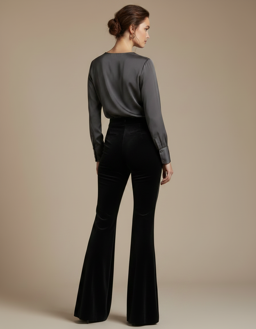 Pantalon Velours Noir Évasé Élégant Femme - vue 2