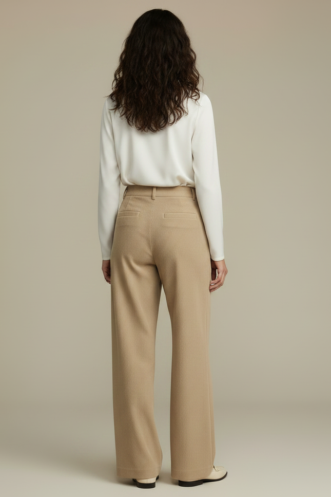 Pantalon Velours Beige Côtelé Large Taille Haute Élégant - Cordé - vue 2