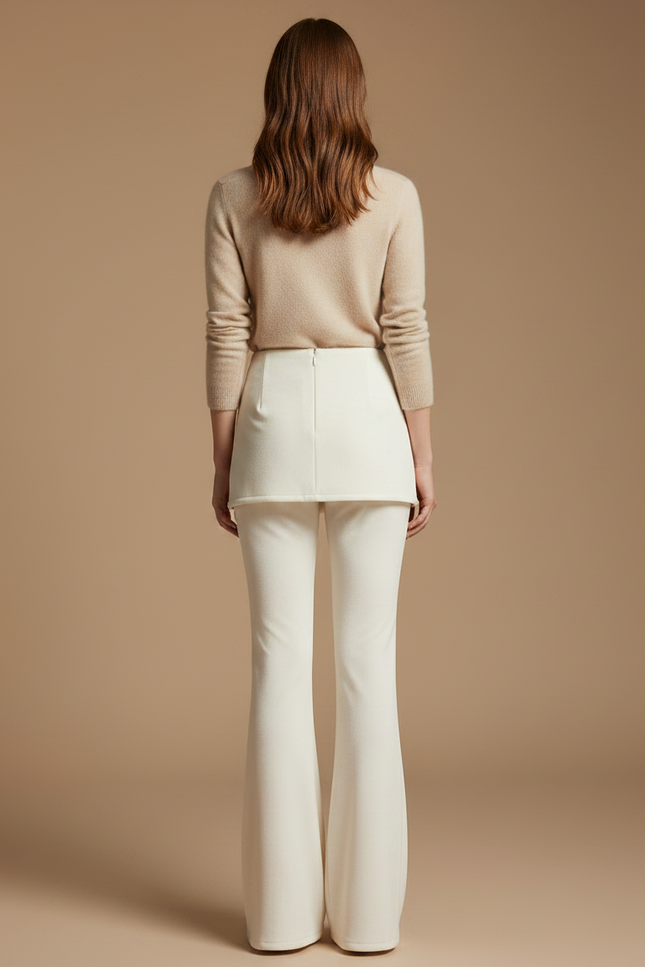Pantalon Velours Crème Évasé Taille Haute Élégant - Beige - vue 2