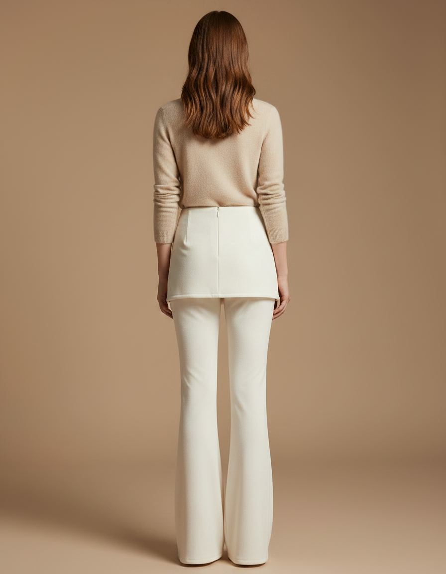 Pantalon Velours Crème Évasé Taille Haute Élégant - Beige - vue 2