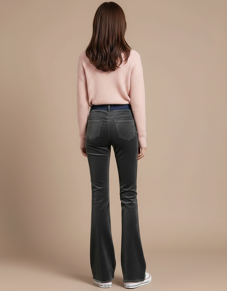Pantalon Velours Évasé Gris Taille Haute Chaud - vue 2
