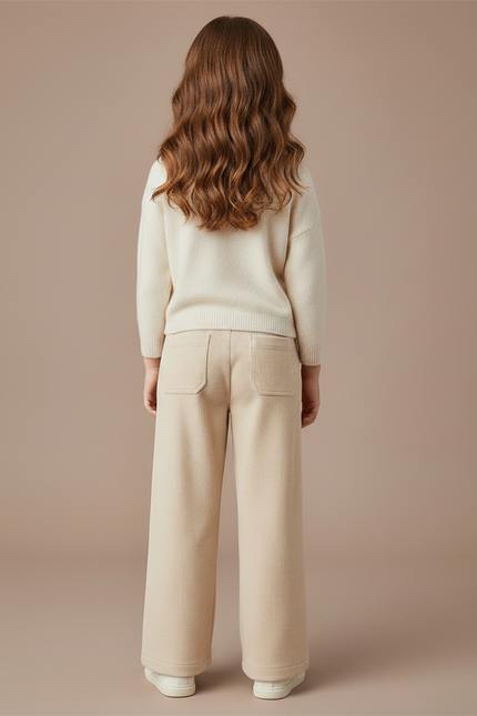 Pantalon Velours Côtelé Écru Ample Fille Décontracté - Beige Cordé - vue 2