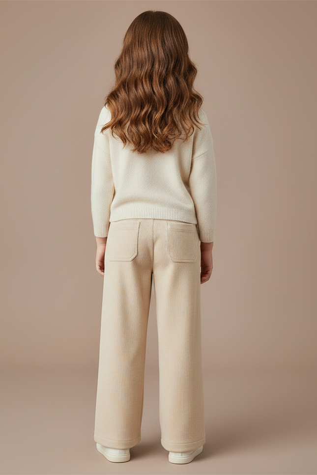 Pantalon Velours Côtelé Écru Ample Fille Décontracté - Beige Cordé - vue 2