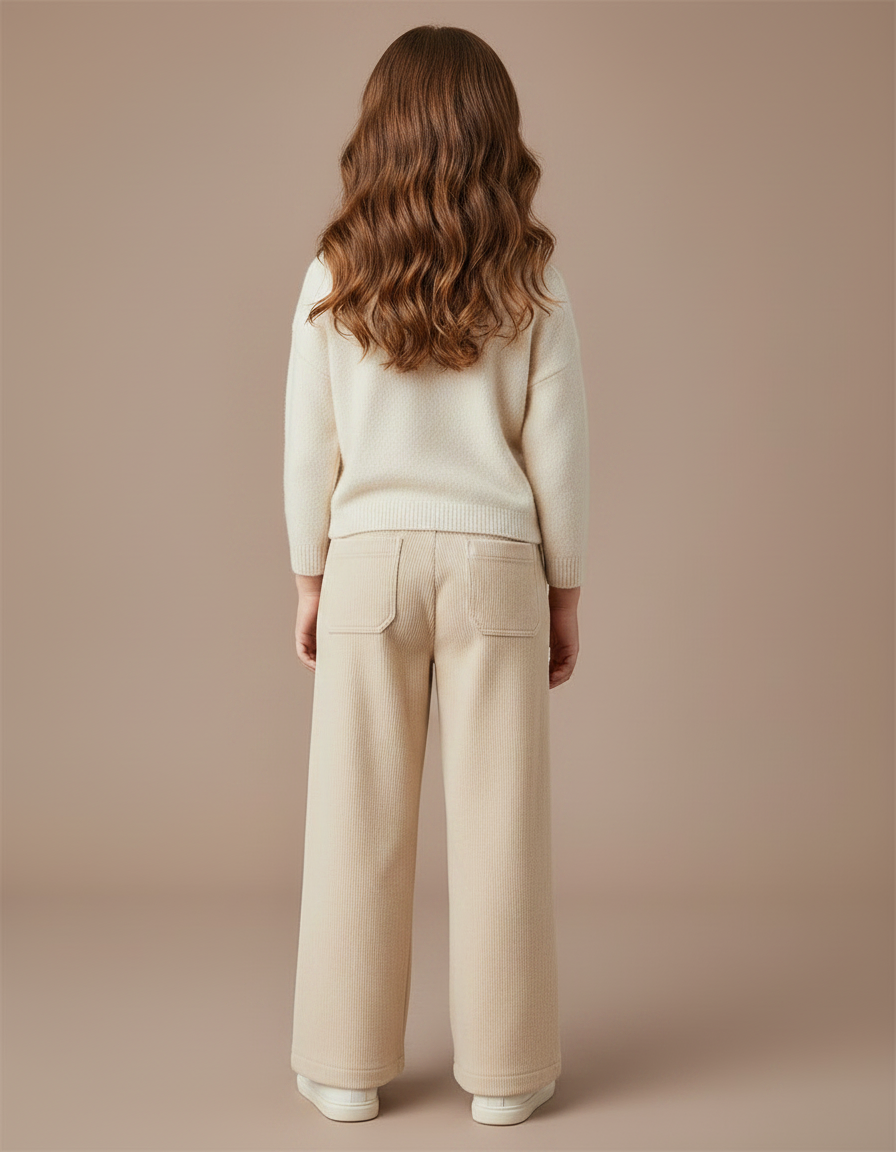 Pantalon Velours Côtelé Écru Ample Fille Décontracté - Beige Cordé - vue 2