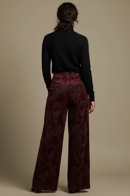 Pantalon Velours Bordeaux Floral Ample Élégant Femme - vue 2