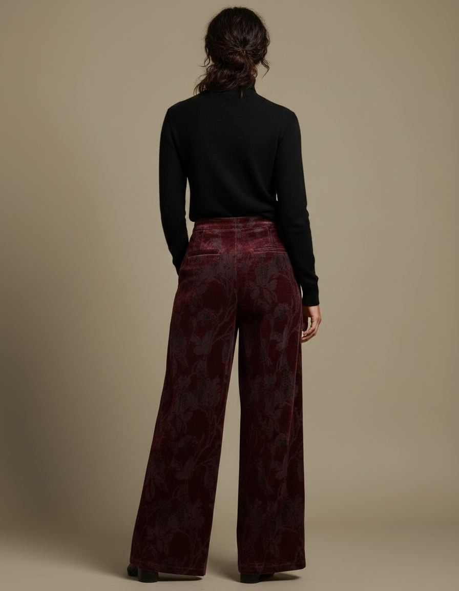 Pantalon Velours Bordeaux Floral Ample Élégant Femme - vue 2