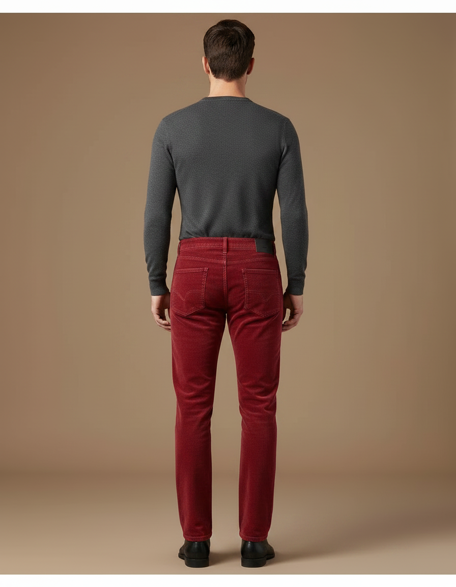 Pantalon Velours Rouge Côtelé Coupe Droite Élégant Homme - Cordé - vue 2