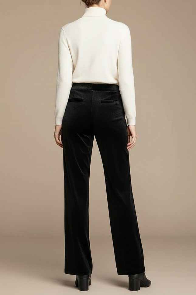Pantalon Velours Noir Ample Taille Haute Femme Élégant - vue 2