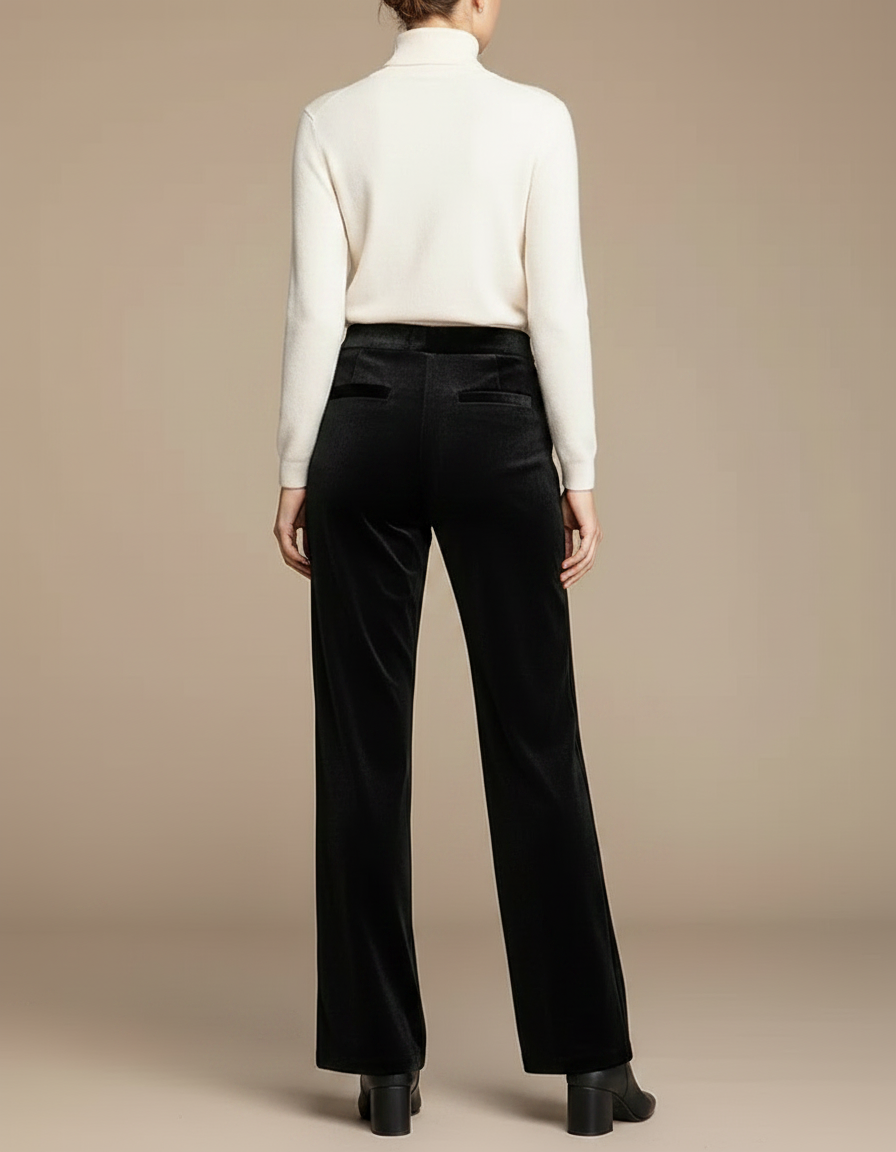 Pantalon Velours Noir Ample Taille Haute Femme Élégant - vue 2