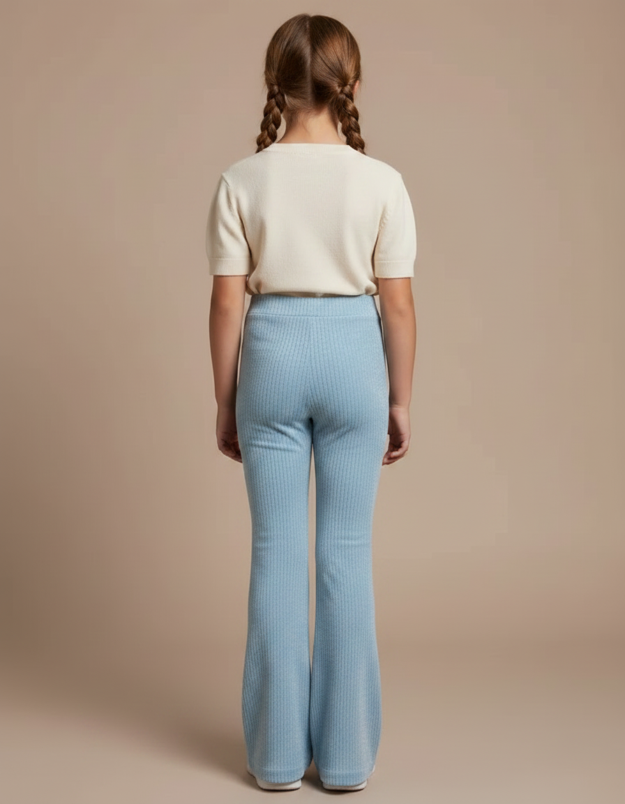 Pantalon Velours Bleu Côtelé Évasé Confortable Fille - Cordé - vue 2