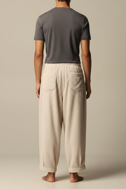 Pantalon Velours Côtelé Ample Beige Décontracté Homme Cordon - Cordé - vue 2
