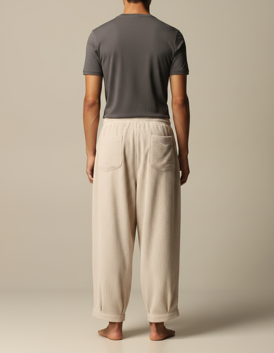 Pantalon Velours Côtelé Ample Beige Décontracté Homme Cordon - Cordé - vue 2