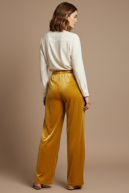 Pantalon Velours Jaune Ample Fluide Taille Haute - Doré - vue 2