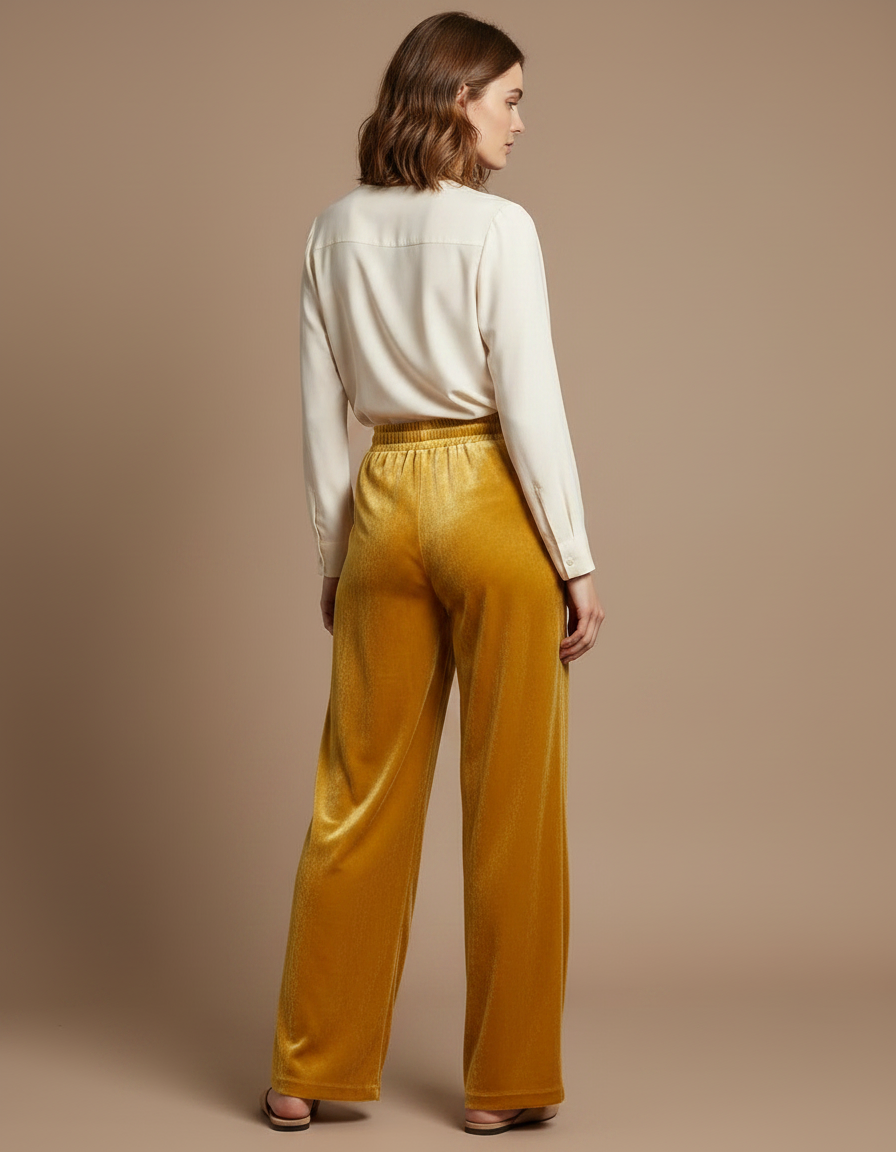 Pantalon Velours Jaune Ample Fluide Taille Haute - Doré - vue 2