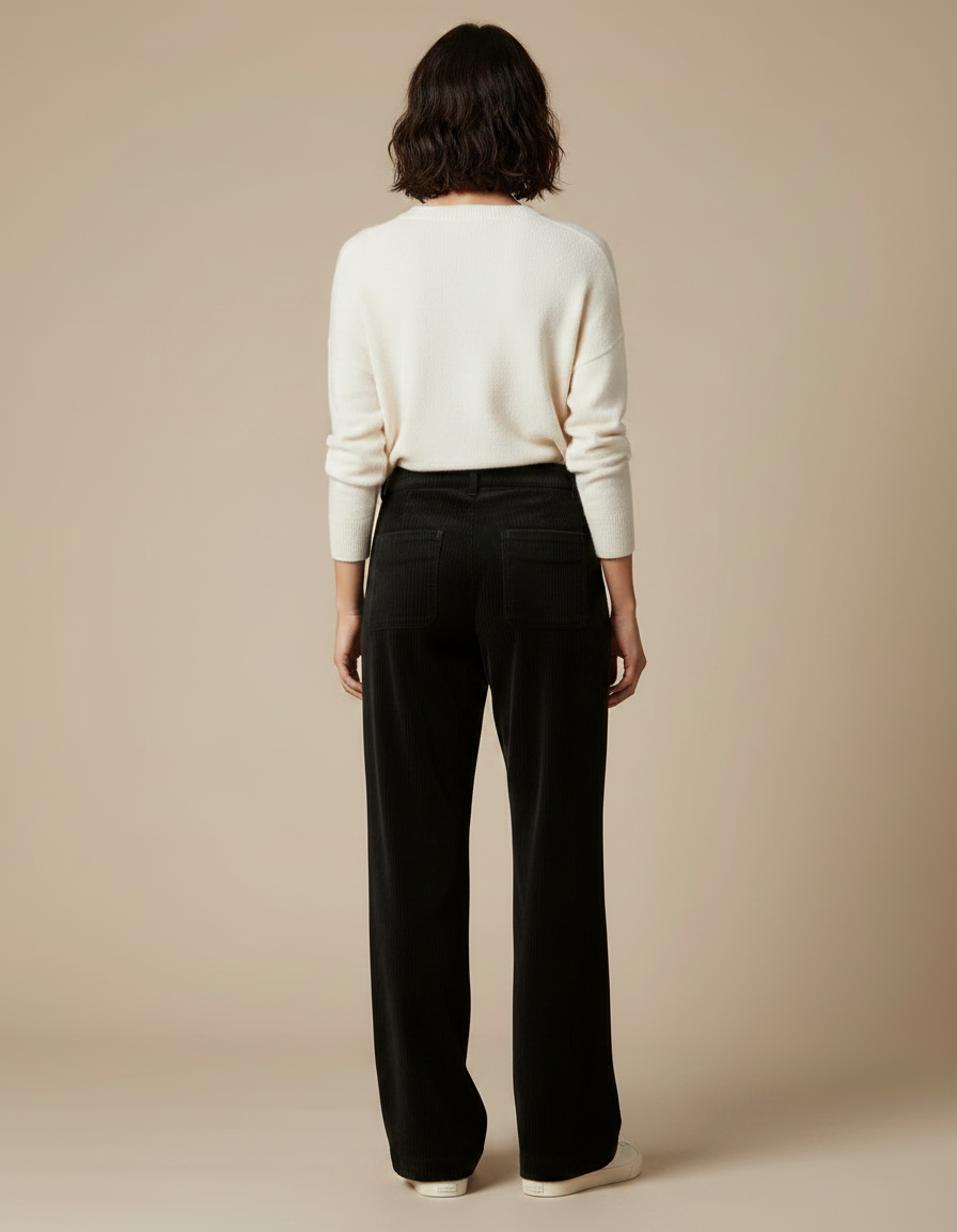 Pantalon Velours Noir Côtelé Large Droit Décontracté - Cordé - vue 2