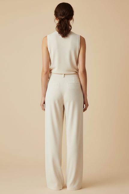 Pantalon Velours Crème Ample Fluide Taille Haute - Beige Cordé - vue 2
