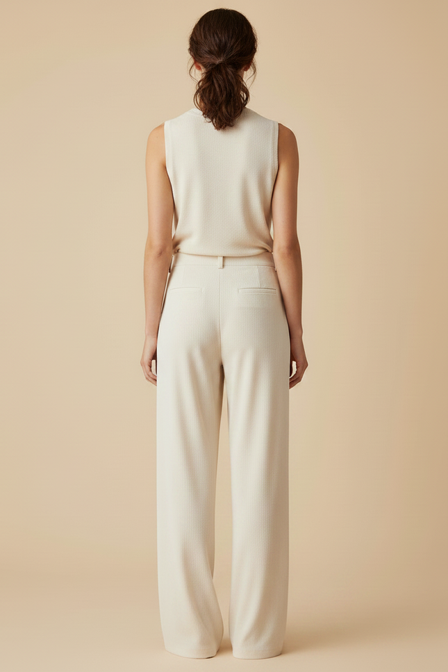 Pantalon Velours Crème Ample Fluide Taille Haute - Beige Cordé - vue 2