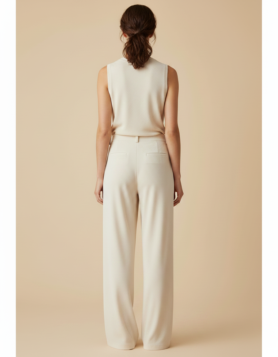 Pantalon Velours Crème Ample Fluide Taille Haute - Beige Cordé - vue 2